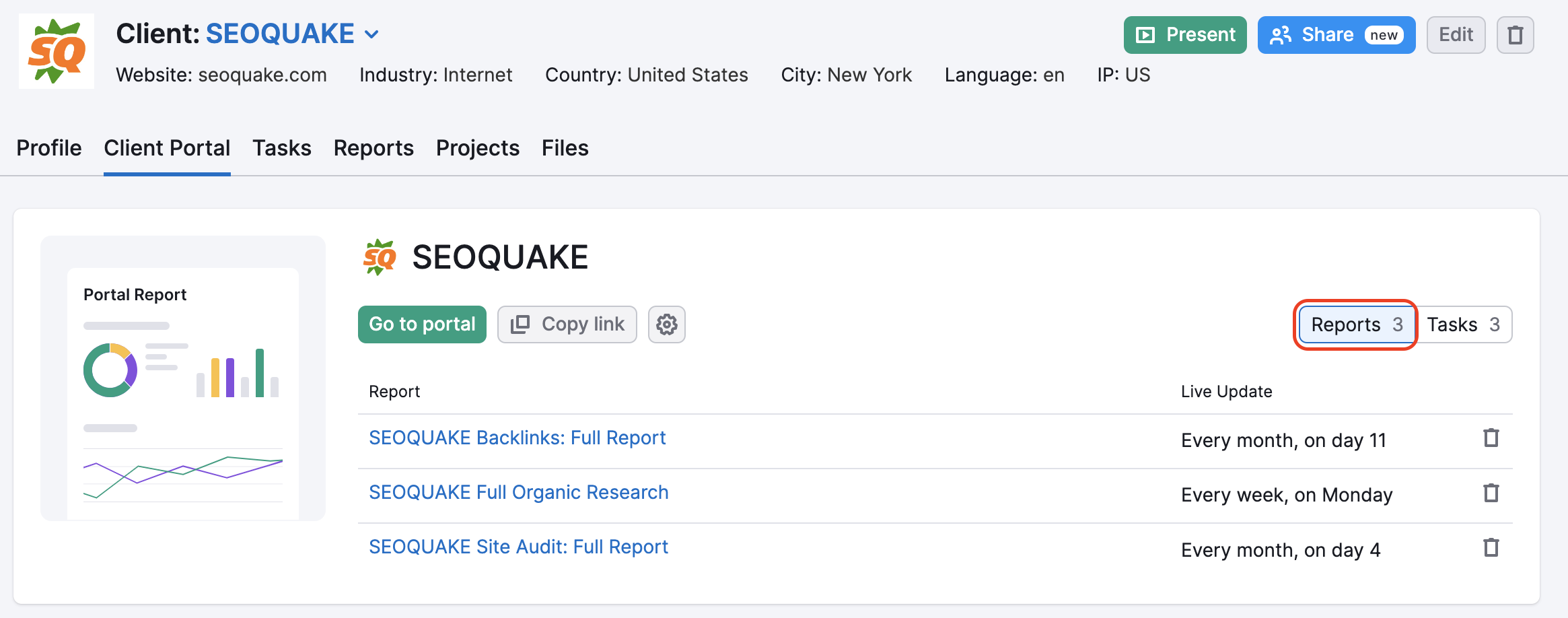 An example of the Client Portal tab in CRM with a red rectangle highlighting the Reports button at the top-right of the reports list.